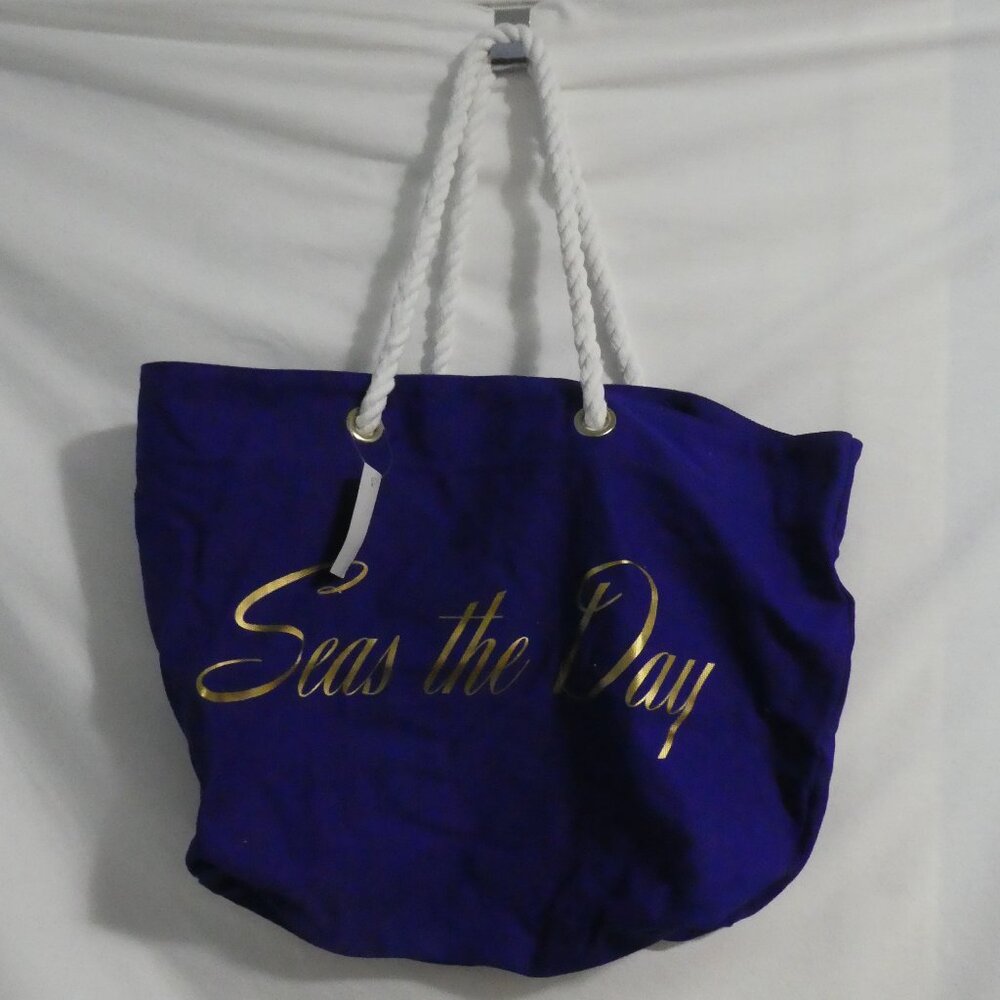 TRINA TURK BEACH TOTE | Blue Corduroy With Gold Seas The Day Print | NWOT